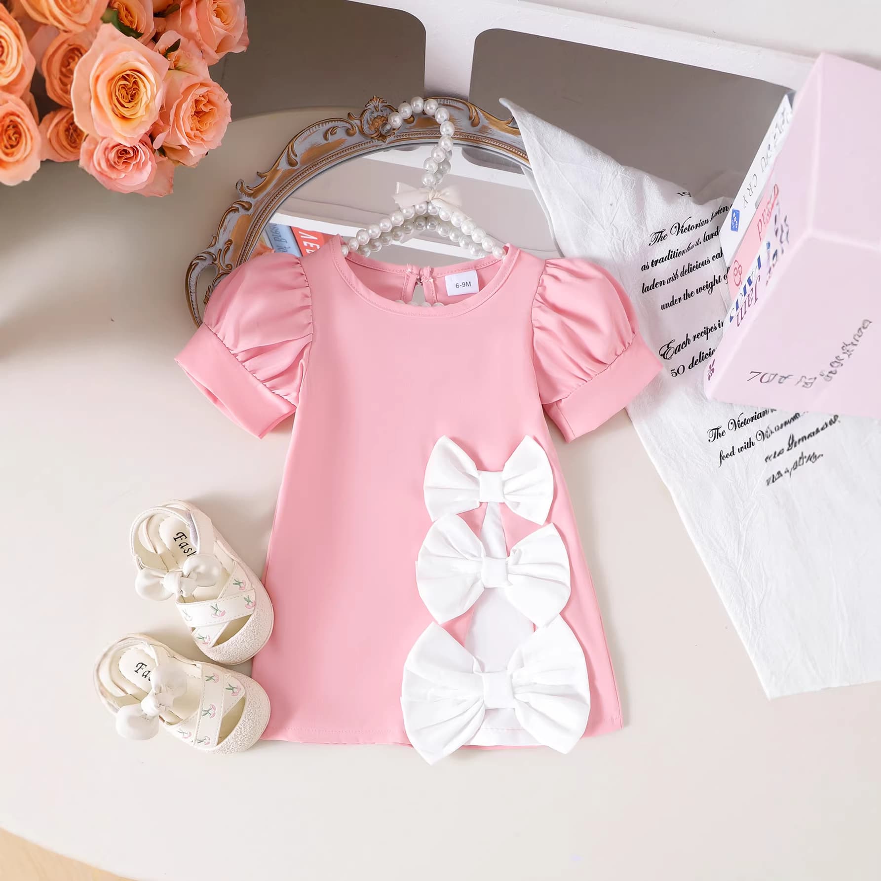 Girls Fashionable Pink Dress Summer Round Neck Cute Bow Puff Sleeve Dress New Style