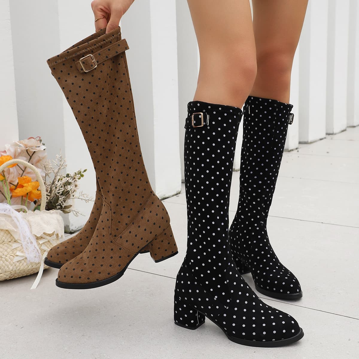 Cross-border Autumn/Winter New Boots Korean Style High Tube Riding Boots Women Plus Size Elastic Velvet Mid Chunky Heel Women's Shoes