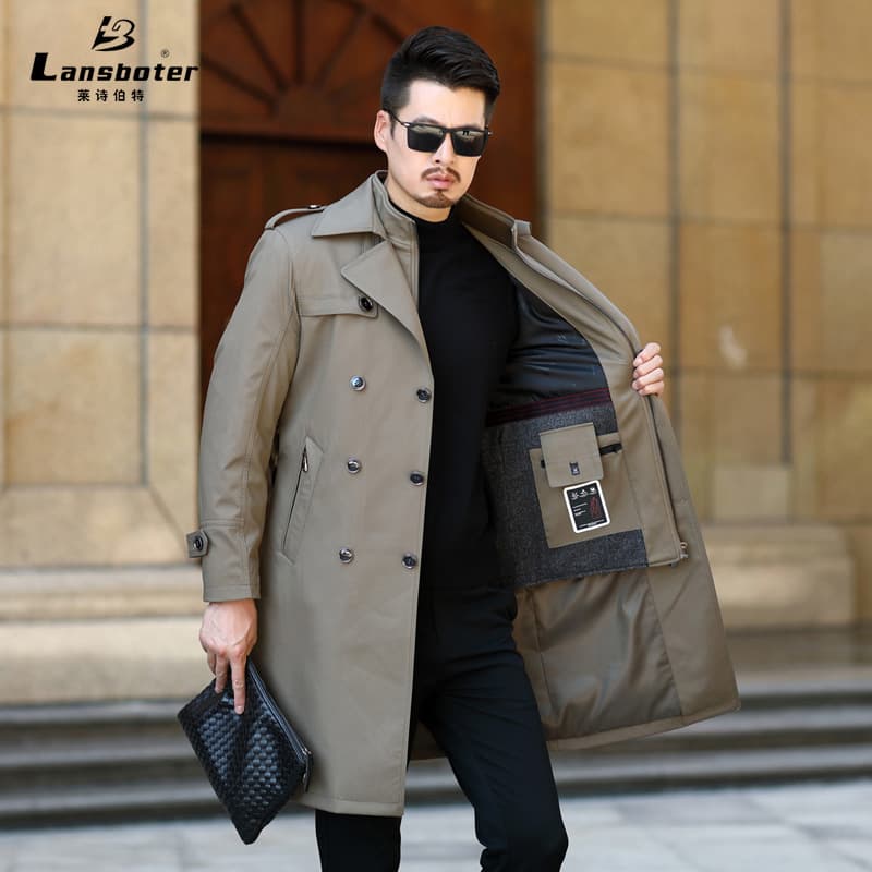 Men's no-iron knee-length double-breasted windbreaker coat with removable wool liner autumn and winter new long windbreaker for men