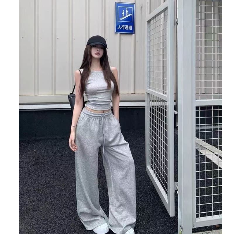 New Women's Gray Sweatpants, High-Waist Loose Fit Slimming Wide-Leg Straight Casual Pants with Drawstring, American Style Sweatpants