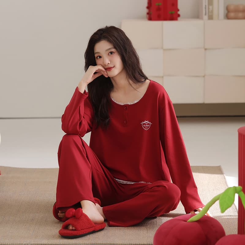 Spring and Autumn Pajamas for Women, 2025 New Style Pure Cotton Long Sleeve Red Zodiac Year Marriage Newlywed Sweet Homewear Set