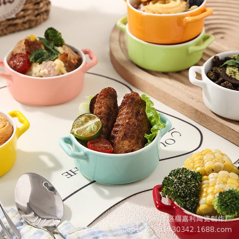 Cross-Border Ceramic Double-Eared Baking Bowl, Oven-Safe Bowl, Soup Bowl, Amazon Ceramic Baking Bowl, Household Steaming Dish Bowl, Stew Soup Bowl