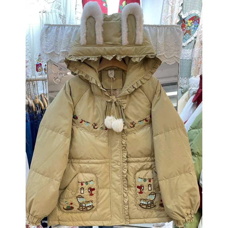 2025 Winter New Cute Cartoon Embroidered Bear Ears Pom Pom Hooded Thickened Warm Down Jacket Coat Mori Girl