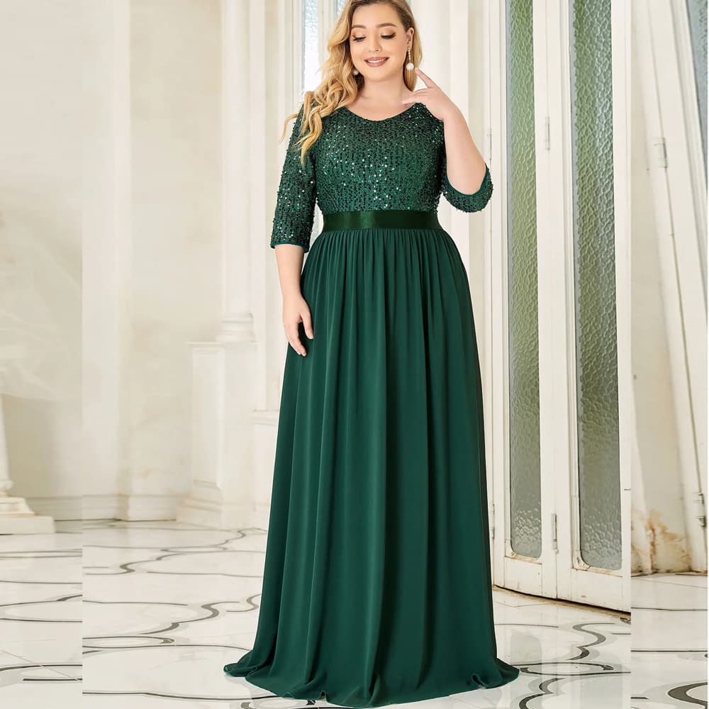 Plus Size Sequin Embellished Chiffon Long Evening Dress with Round Neck, Medium Sleeves, Waist-Cinching A-Line Skirt for Banquet Host and Bridesmaid