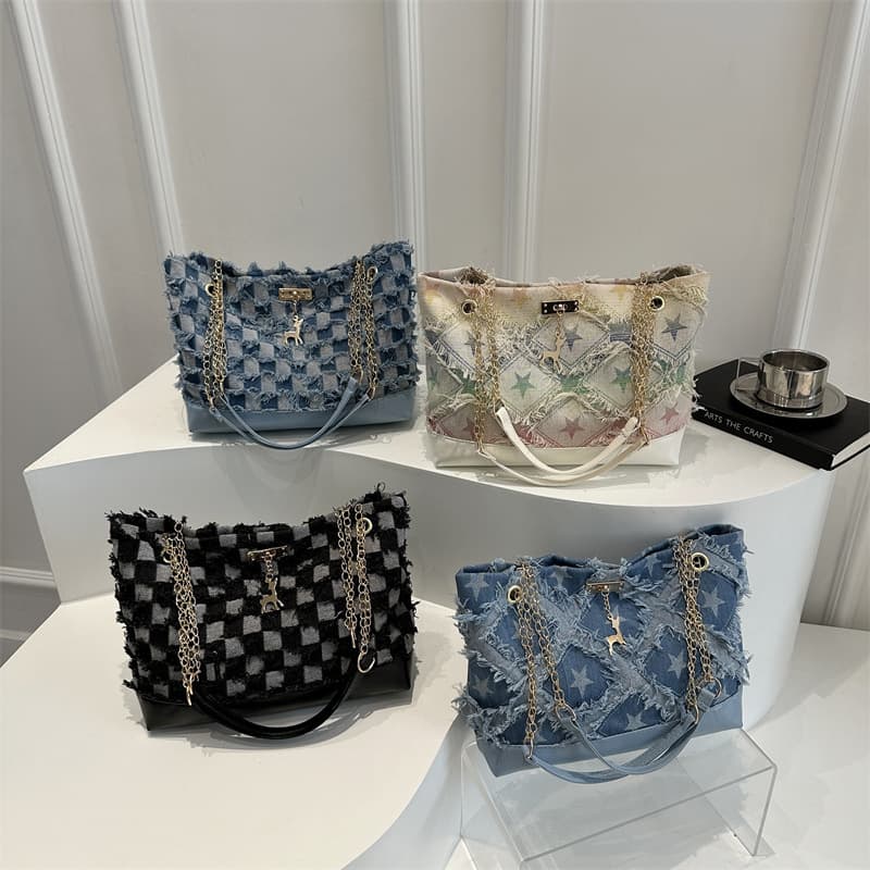 Denim Tote Bag for Women 2025 New Style Large Capacity Fashionable Shoulder Bag Personalized Frayed Edge Commuter Bag