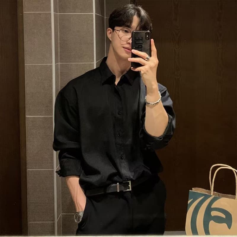 Lazy Drape Ice Silk Long Sleeve Shirt Men's Black Summer Thin Top Premium Korean Light Mature Style Shirt