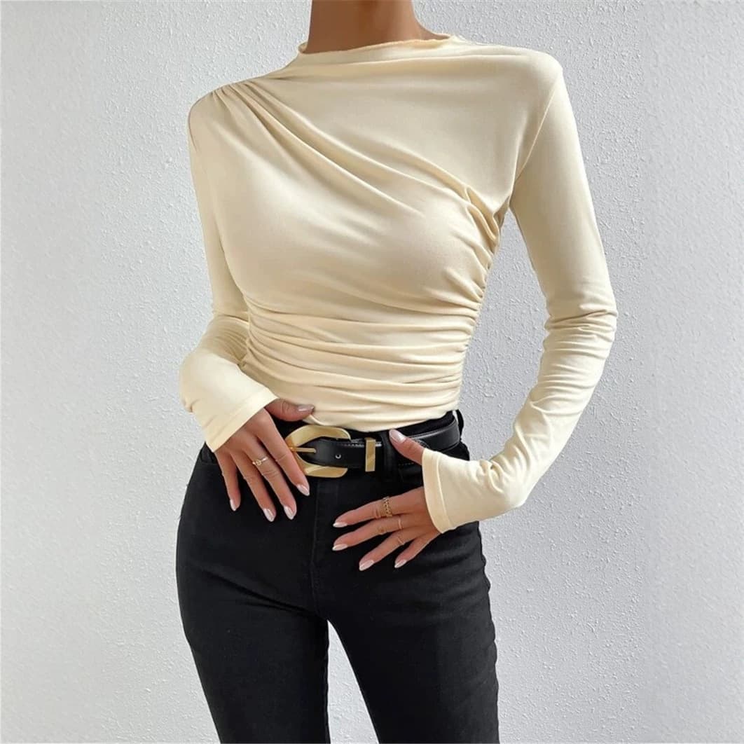 Cross-border 2026 European and American Solid Slim Base Tee Versatile Pleated Design Long Sleeve T-Shirt Women's Top