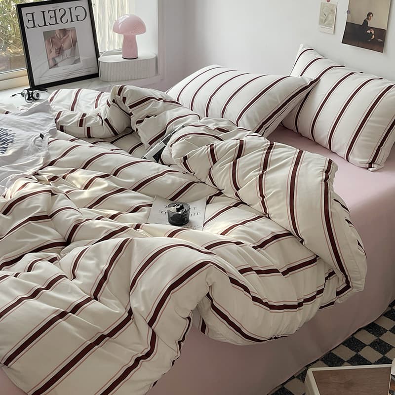 Nordic Minimalist Ins-Style Skin-Friendly Brushed Vintage Red-Brown Striped Pink Sheet, Cover, Duvet Cover, 1.5m 1.8 Three-Piece Set