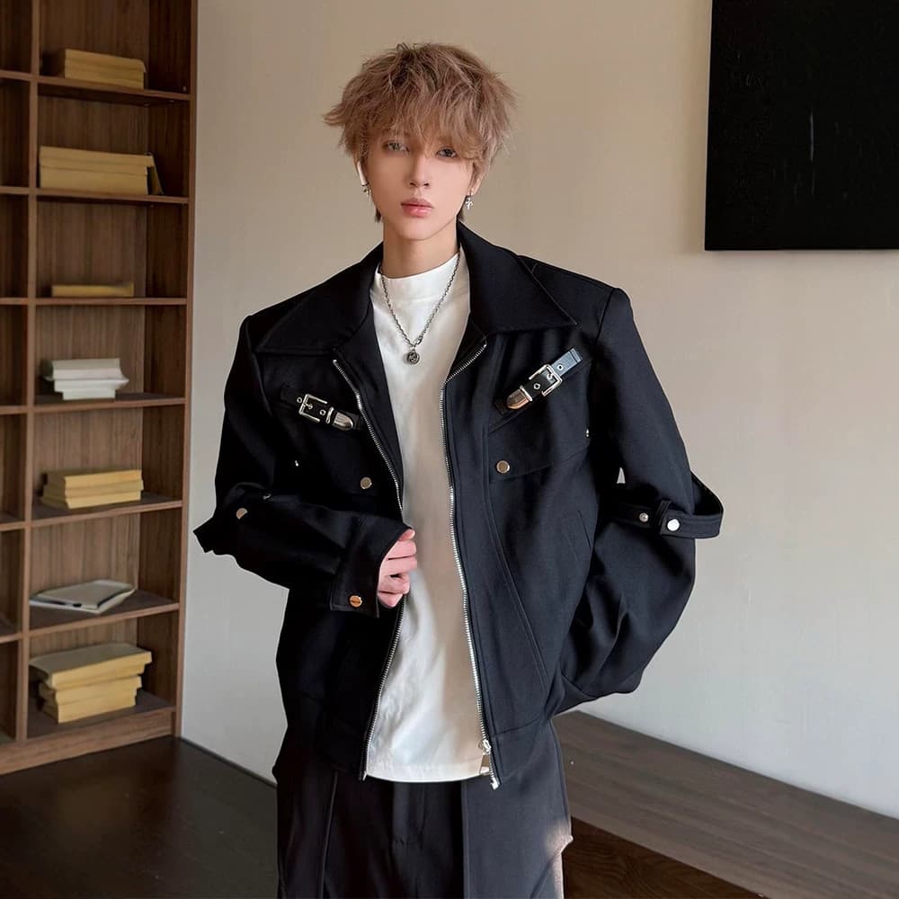 Niche Metal Deconstructed Shoulder Pad Jacket Men's Spring American Short Workwear Jacket High-End Cool Biker Coat