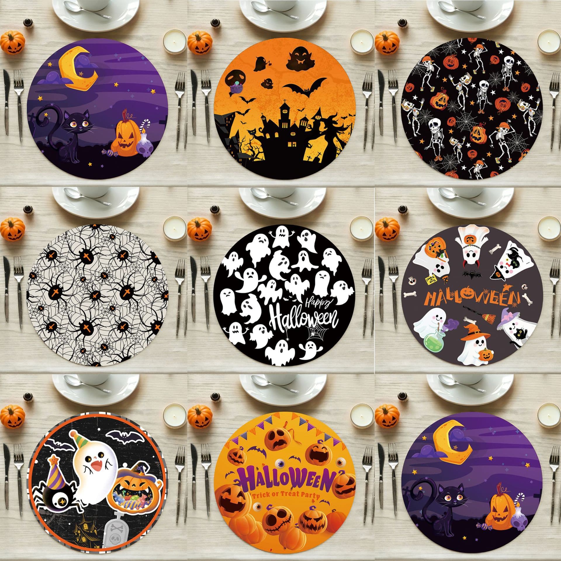 Halloween Linen Placemat Kitchen Dining Room Decoration Round Table Mat Festive Party Table Decor Heat Insulation Mat Wholesale