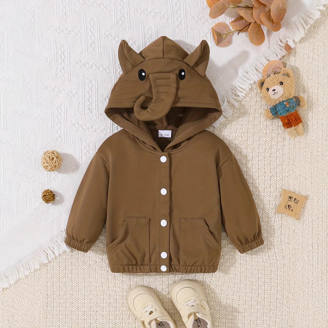 One-Piece Baby Boy Elephant Print Hooded Button-Front Long-Sleeve Jacket Fall/Winter