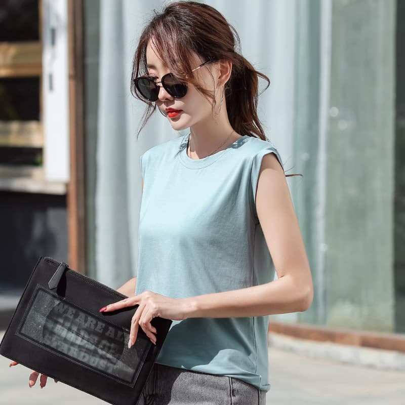 Yuwei 206# New Summer Mercerized Cotton T-Shirt for Women, Round Neck, Sleeveless Top, Slim Fit, Simple Tee