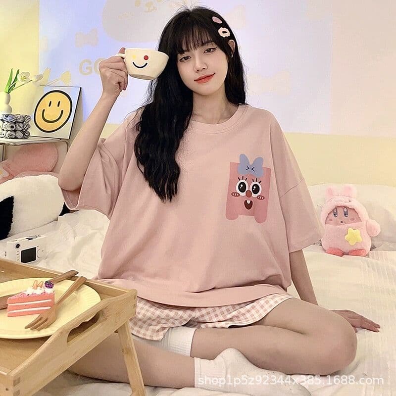 Plus Size Summer Sleepwear Women's Short Sleeve Set Comfortable Milk Silk Polyester Round Neck Short Shorts Home Leisure Cartoon