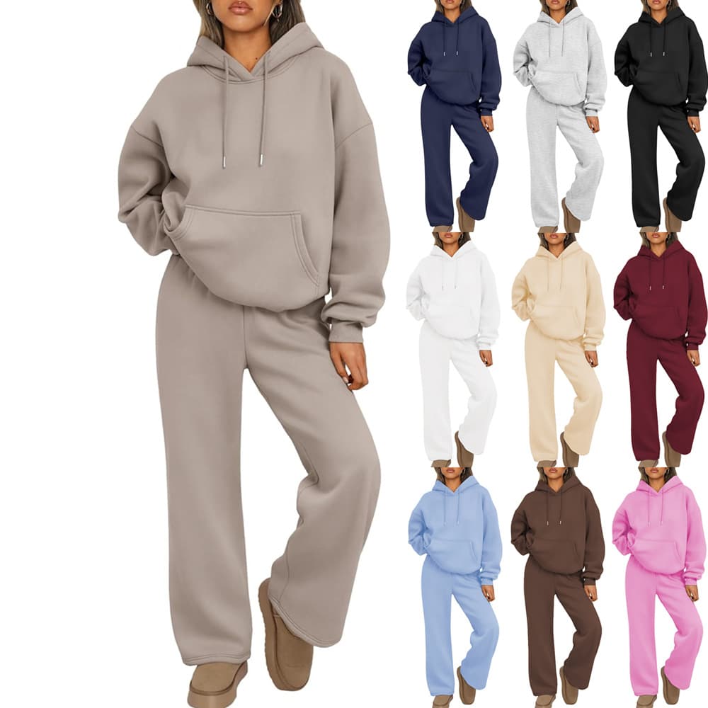 Women's Solid Color Hooded Sweatshirt and Wide-Leg Sweatpants Set - Loose Casual Two-Piece Set in Multiple Colors