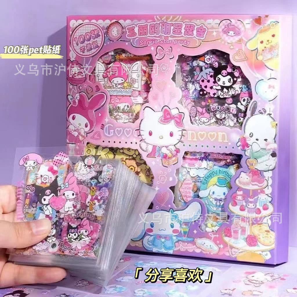 Sanrio 100 Stickers Handbook Gift Box Strawberry Bear Cute Girls Children Cartoon Guka Waterproof Pet Stickers