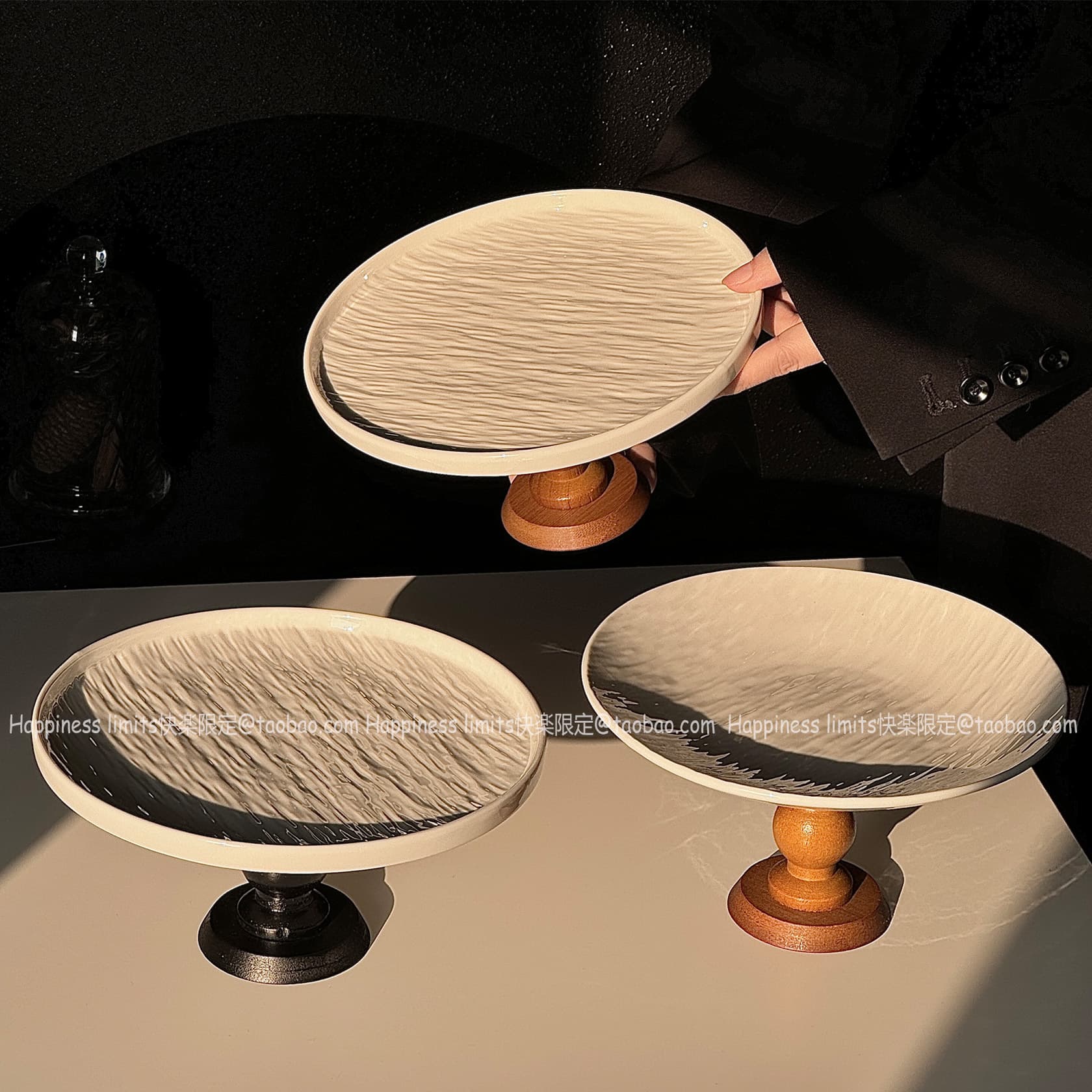 Simple Rock Grain Tall Fruit Plate Round Wooden Tray for Nuts, Fruits, Cake, Dessert Display