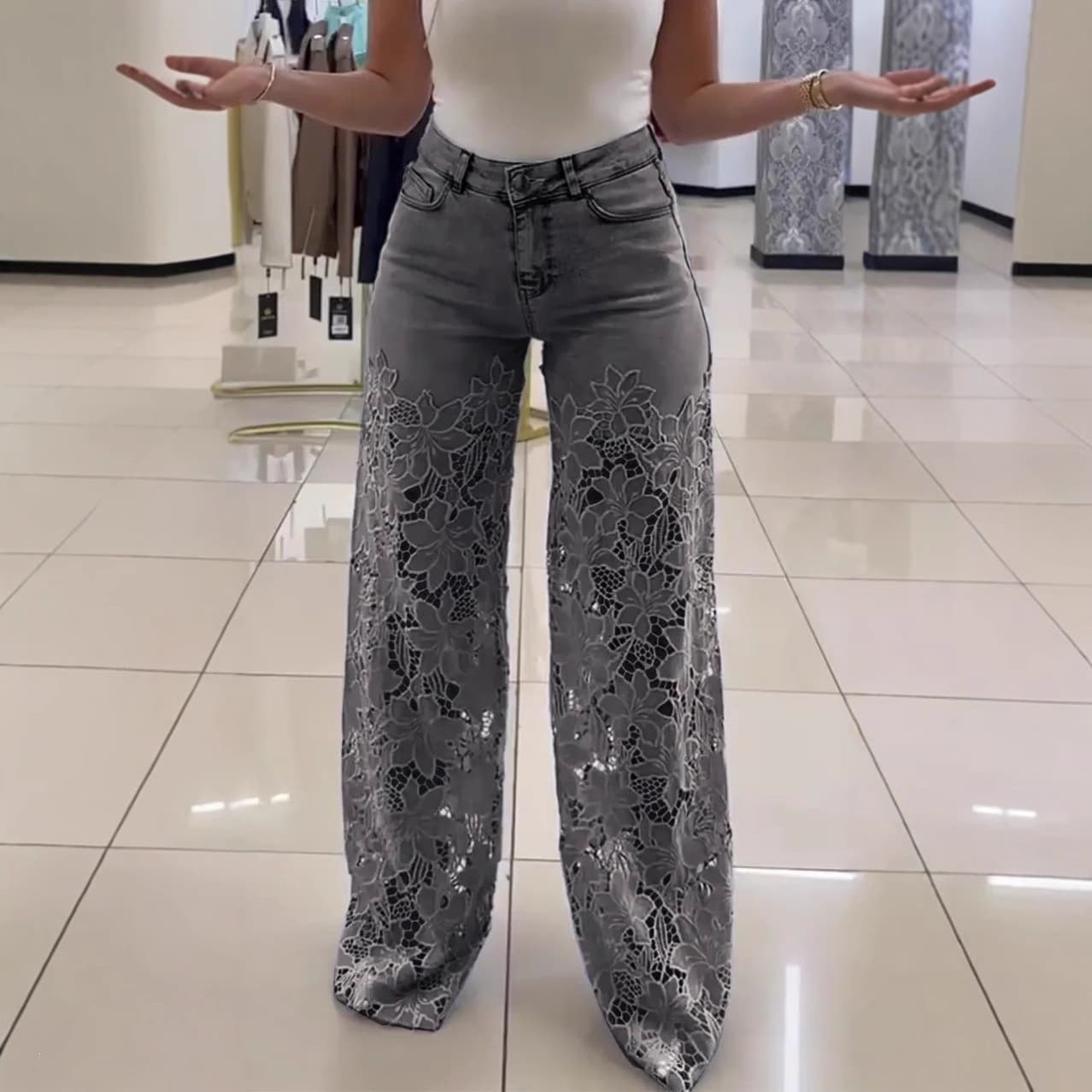 2025 High-Waist Wide-Leg Pants for Women Spring/Summer Fashionable Versatile Hollow Lace Patchwork Denim Flowing Trousers