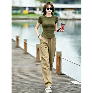 2026 Summer Fashion American Casual Sports Set for Women Slimming Elegant Fitted Short Sleeve Cargo Wide Leg Pants Two-Piece Set
