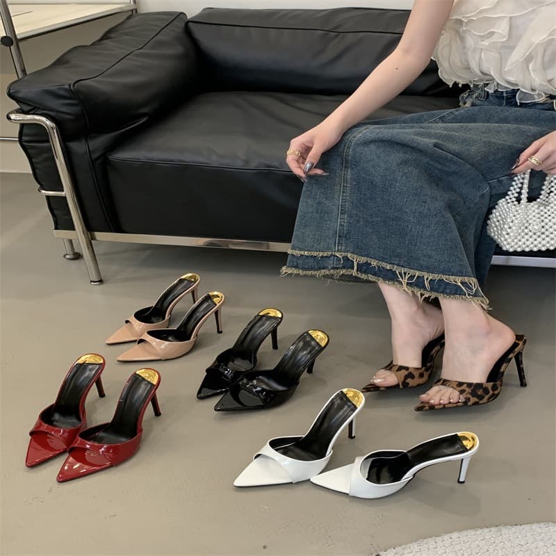10cm European American Pointed Open Toe High Heel Mules 2025 New Style Thin Heel Simple One-Strap Elegant Slippers