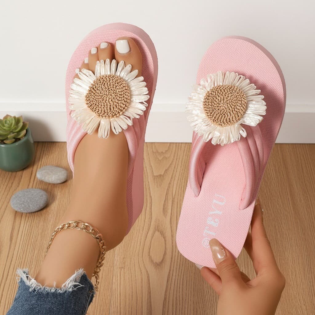 Summer Combo High Heel Flip Flops for Women Fashion Flower Toe Strap Wedge Thick Sole Non-Slip Ins Style Beach Outdoor Wear