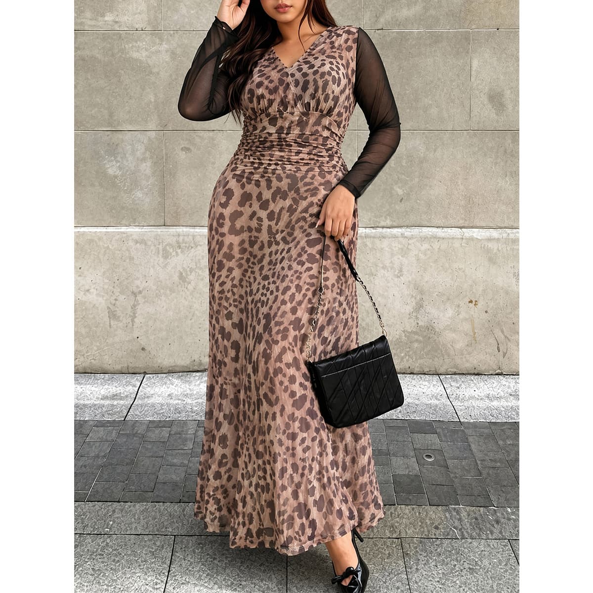 European and American Slightly Chubby mm Retro Leopard Print Long Dress, Sheer Mesh Long Sleeve High-Waist Slimming Elegant Dress