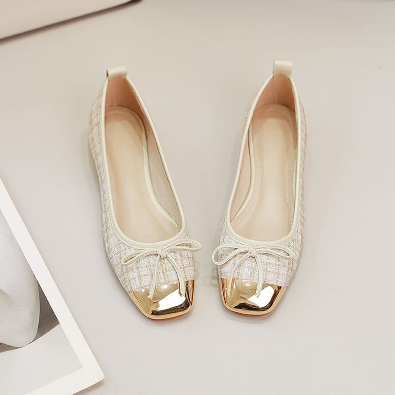 Chanel-Style Bowknot Shallow-Mouthed Single Shoes for Women, New Spring/Summer Ballet Shoes with Soft Soles and Metal Square Toe Flats
