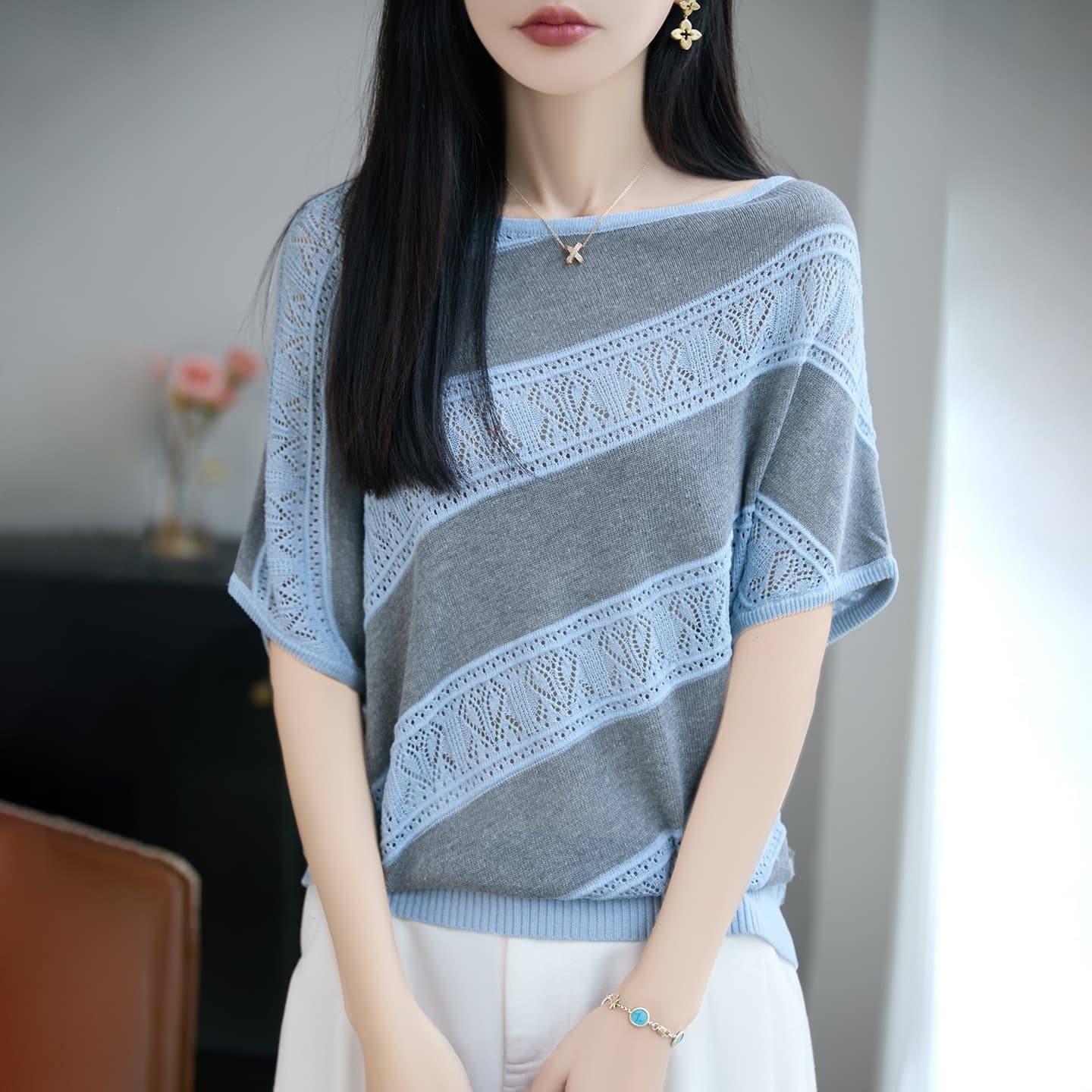 Summer Linen New Versatile One-Shoulder Knit Top for Women, Tencel Short Sleeve Color-Block Hollow Base Layer T-Shirt Top