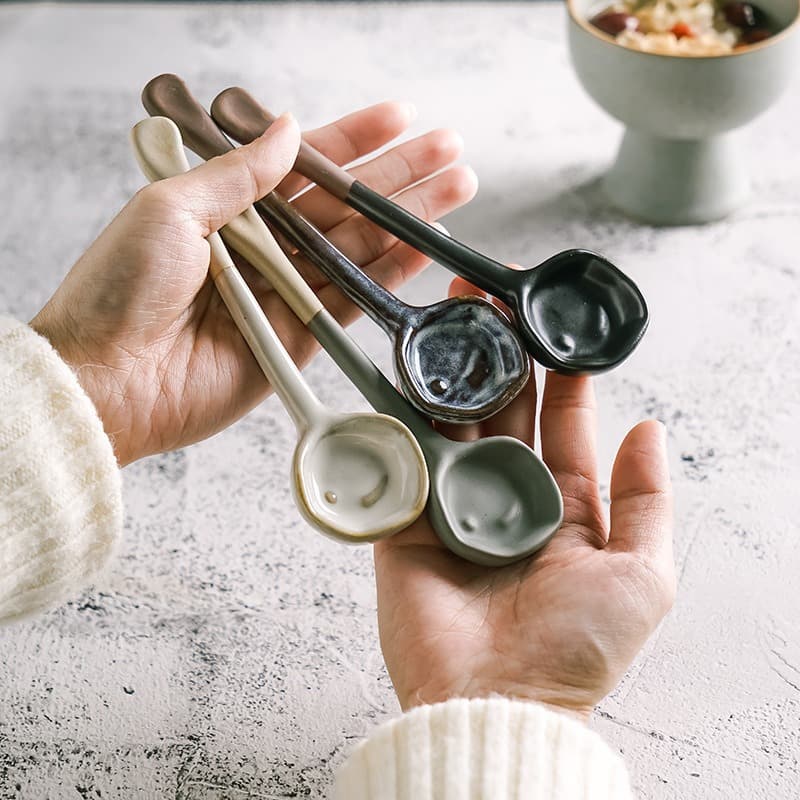 Ceramic Heat-Resistant Coffee Spoon Long Handle Vintage Japanese Clay Seasoning Stirring Spoon Wholesale Rustic Handmade Ins Style
