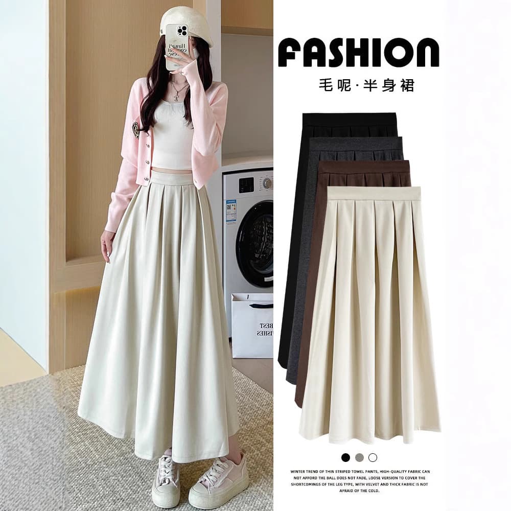 Wool Pleated Skirt New Fall/Winter Plus Size High-Waist Slimming A-Line Long Skirt Full Flare Winter Skirt