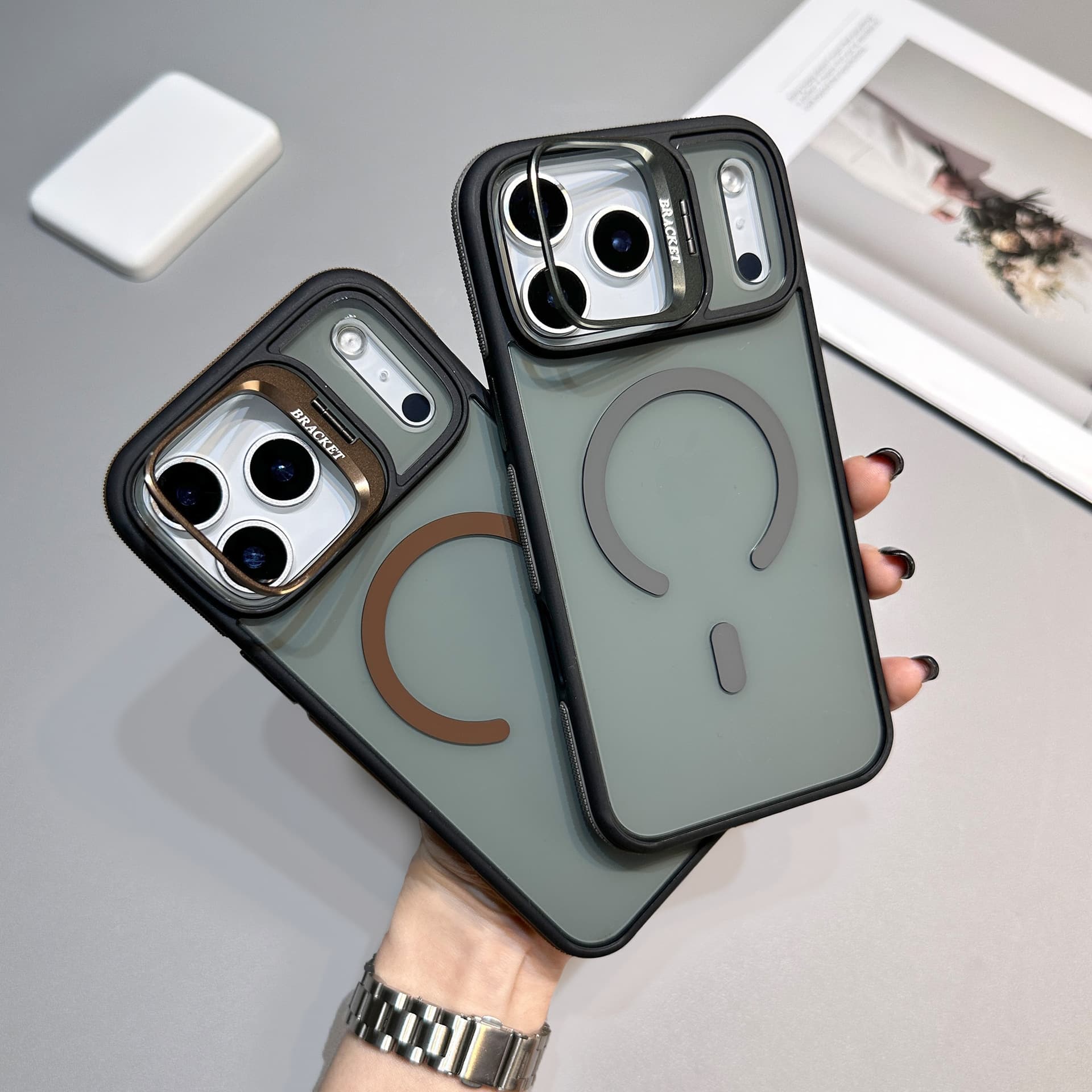 Cross-border iPhone 17 Pro Max Magnetic Phone Case Compatible with Apple 16, Creative Lens Stand 14, Dual-Color Drop Protection