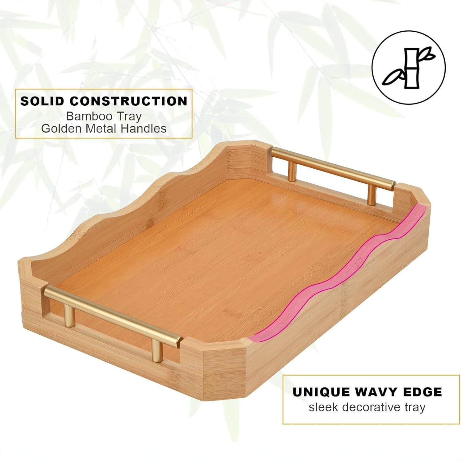 Light Luxury Bamboo Tray Home Storage Tray Kitchen Plate Bathroom Makeup Tray with Metal Handle Solid Wood Fruit Tray