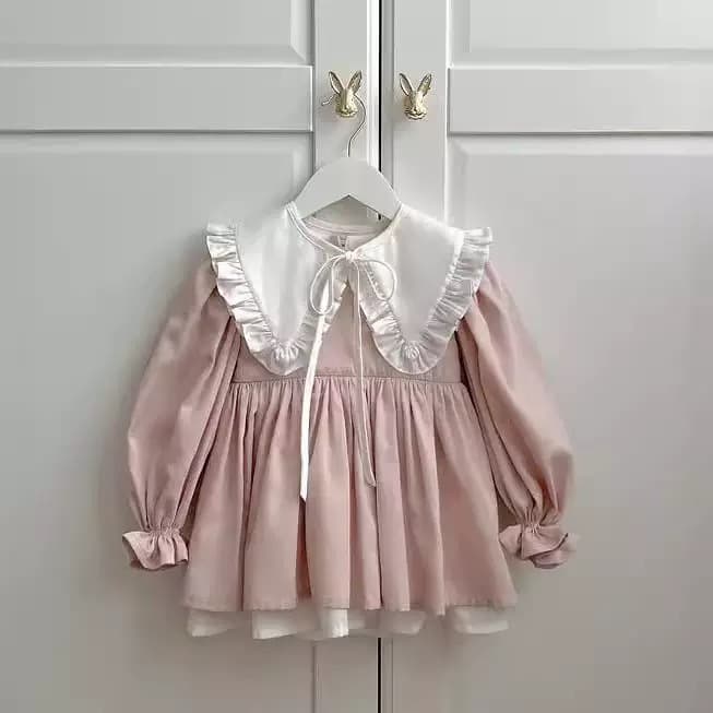 Girls Spring Autumn New Cotton Linen Dress 2026 Kids Lolita Skirt JK Fashion Patchwork Long Sleeve Princess Dress