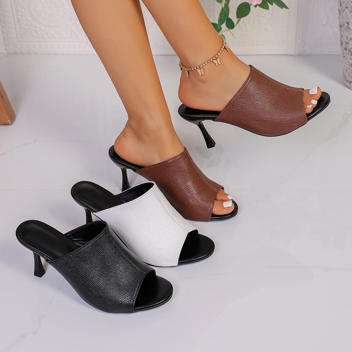 Export Cross-Border 2026 Summer New High Heel Shoes for Women Large Size High Heel Daily Thin Heel Open Back Mules Wholesale