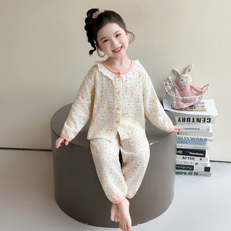 Girls Pajamas Spring and Autumn Children's Home Clothes Set Girls Cute Long Sleeve Air Conditioning Clothes Baby Cotton Yarn Home Clothes