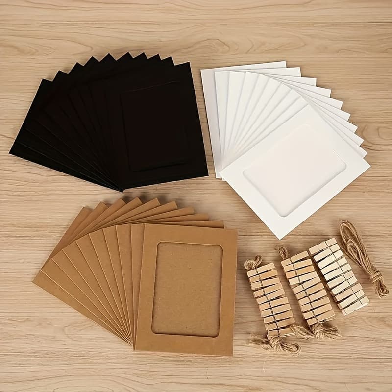 5x6 Inch Photo Wall with Hemp Rope Clips, Pure Black Pure White Pure Kraft Paper Color Creative Hanging Paper Frame Banner