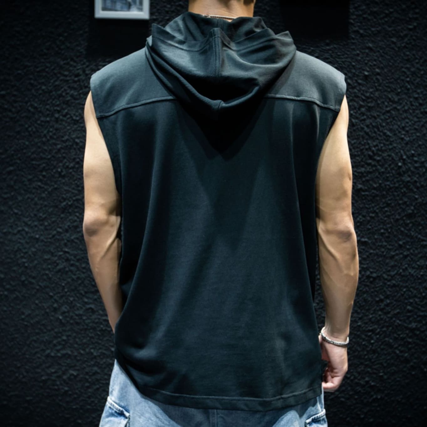 Black and White Hooded Vest Men's Summer Sleeveless T-Shirt, Pure Cotton Loose Sports Tank Top, Thin Style, Ins Fashion Fitness, Chinese Trend