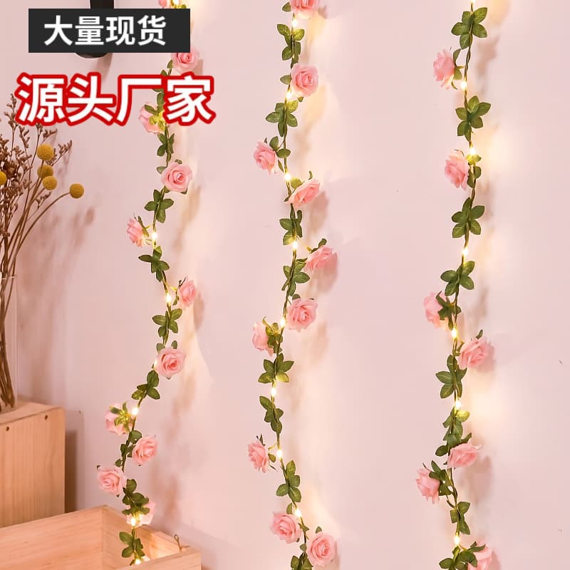 LED Pink Rose String Lights Outdoor Waterproof Garden Decorative Lights Green Leaf Vine Copper Wire Lights Artificial Plant Creative Design