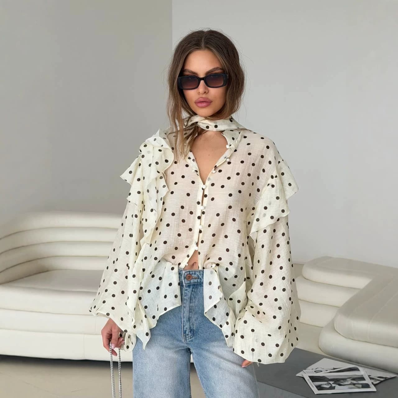2026 Summer Retro Chic French Polka Dot Print Shirt Women Casual V-Neck Long Sleeve Jacket Cross-Border Wholesale