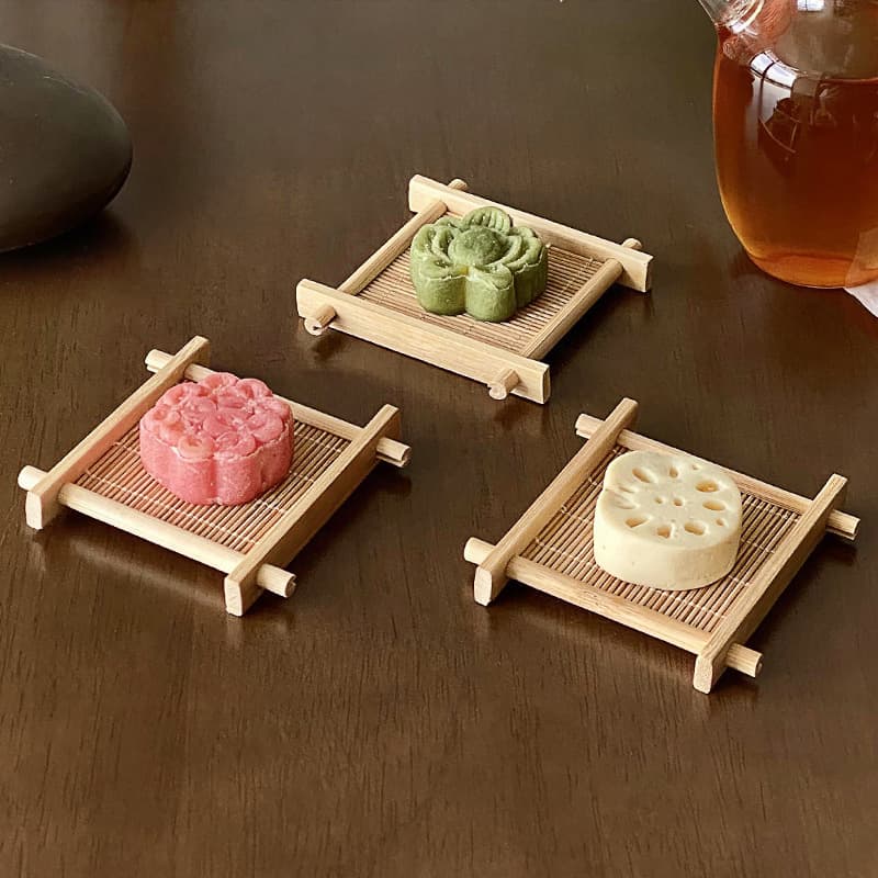 Bamboo Well-Pattern Tea Snack Tray, Chinese Stove-Side Dessert Plate, Retro Cup Coaster and Stand with Woven Display Tray