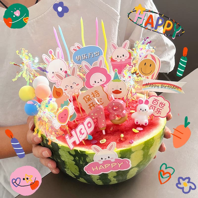 Watermelon cake decoration ornaments Internet celebrity watermelon cake decoration plug-in set durian bear smiley face plug-in boy