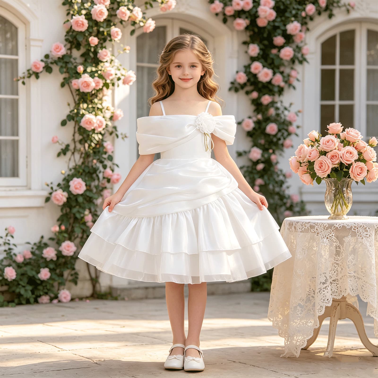 Girls Dress One-Shoulder Strapless Dress Wedding Flower Girl Tutu Princess Dress Party Birthday Dress