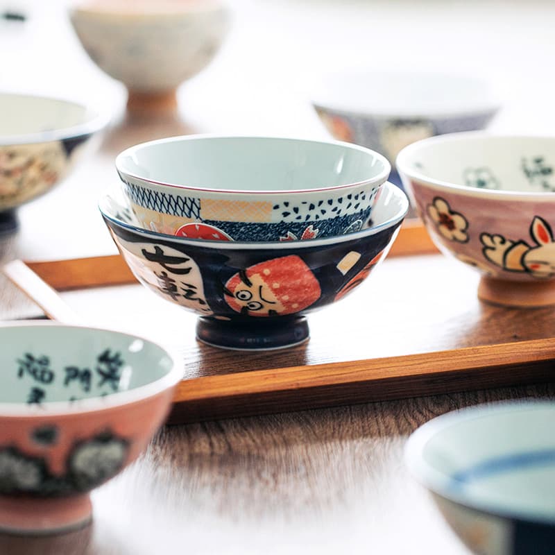 Japanese Mino Yaki Household Rice Bowl, Lucky Animal Small Bowl, Maneki Neko, Daruma Ceramic Bowl, Japanese Tableware