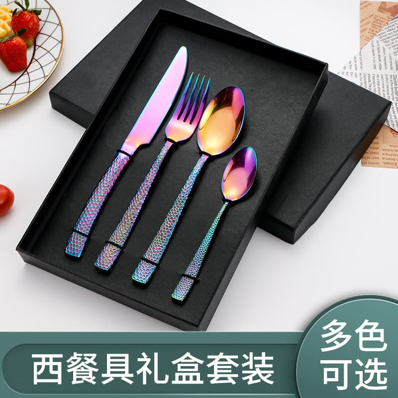 Cross-border 430 Stainless Steel Thickened Knife Fork Spoon Set Western Food Square Handle Hammered Pattern Hotel Tableware
