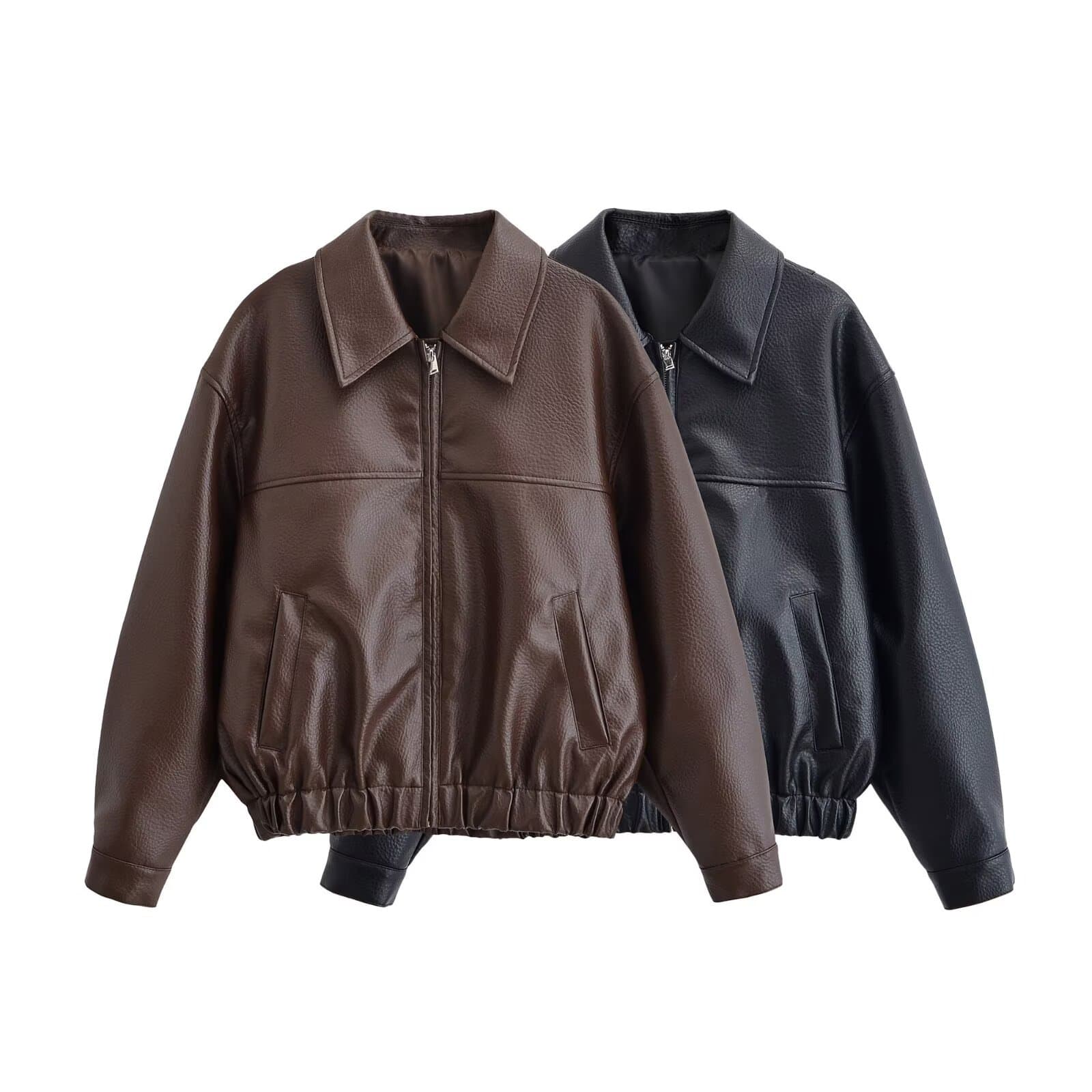 Women's Faux Leather Jacket 2026 European and American Fashion Zipper Pocket Decoration Polo Collar M225361