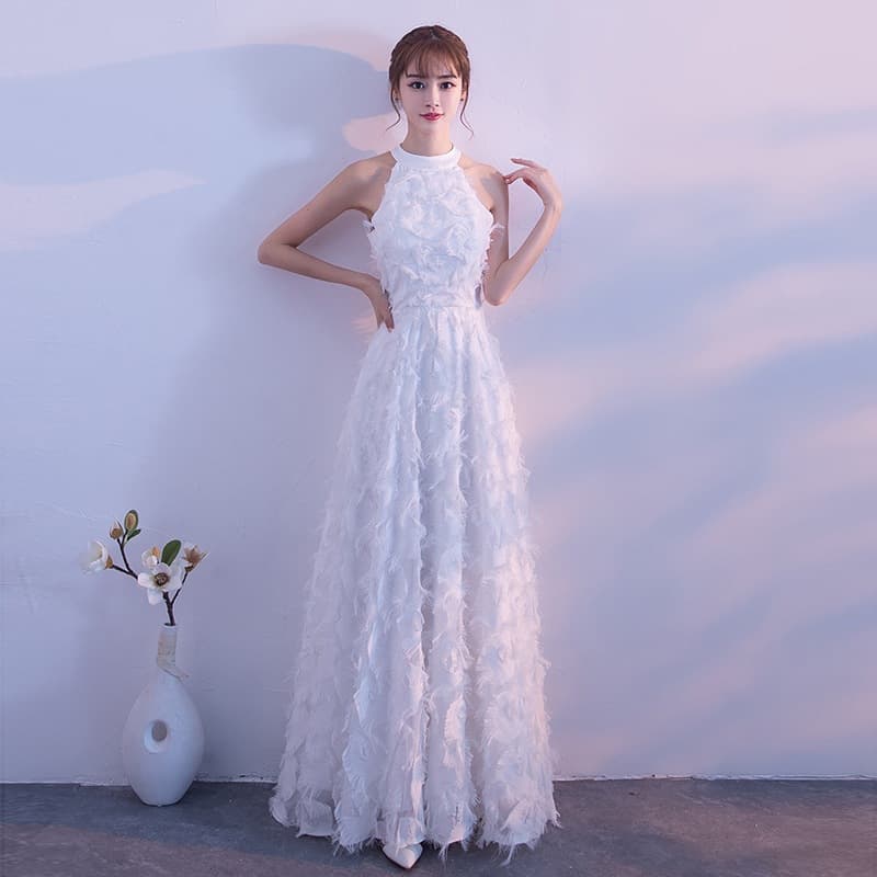 Tassel Feather Halter Off-Shoulder Fashionable Slimming Floor-Length Evening Dress Student Graduation Performance Choir Gown