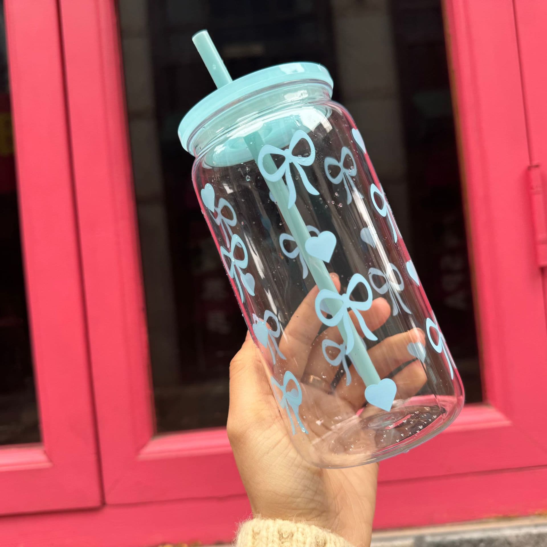 Plastic Cup Tumbler with Straw, Single or Double Wall Transparent Water Bottle, Bow Design 16oz Clear Straw Cup