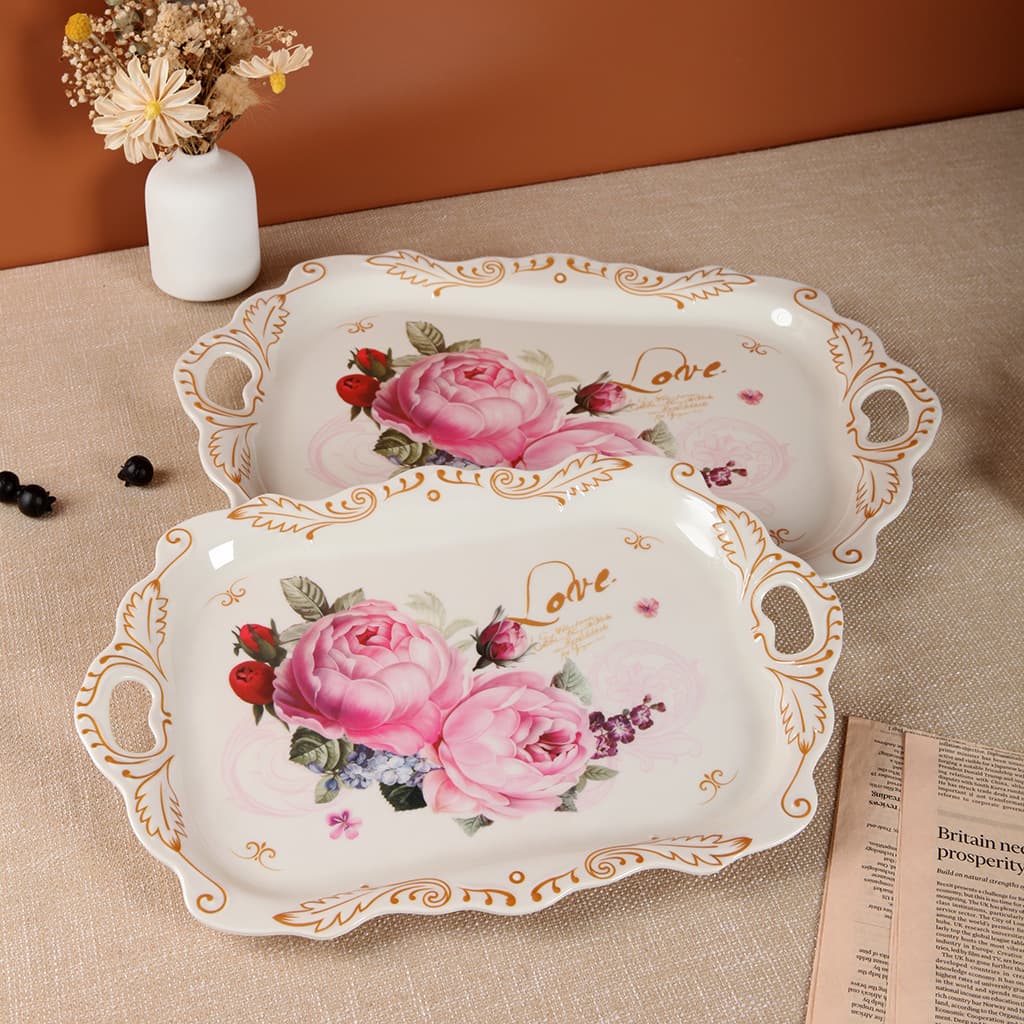 European Style Double-Handled Melamine Tray, Square Home Use Embossed Water Cup Tea Tray, Floral Imitation Porcelain Tray for Foreign Trade Cross-Border Tray