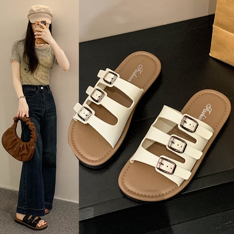 Birkenstock Sandals for Women Summer New Fairy Style Flat Beach Three-Buckle Sandals Seaside Flip-Flops