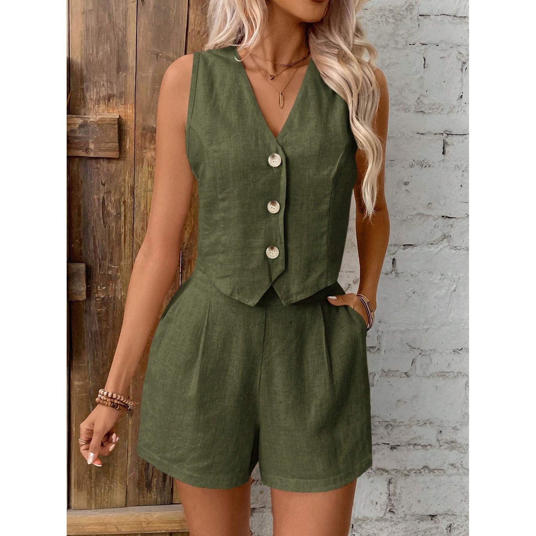 Women's Sleeveless Plus Size Solid Color Button Vest Set, Two-Piece Set for Cross-Border Europe and America