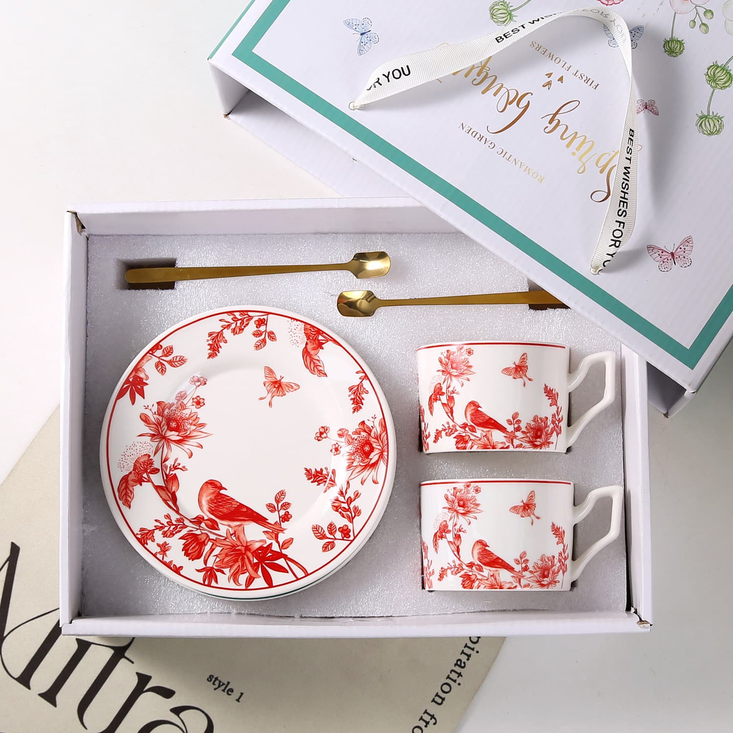 Ins Style Floral Ceramic Coffee Cup Set Home High Aesthetic Cup and Saucer 6-Piece Water Cup Afternoon Tea Cup Gift